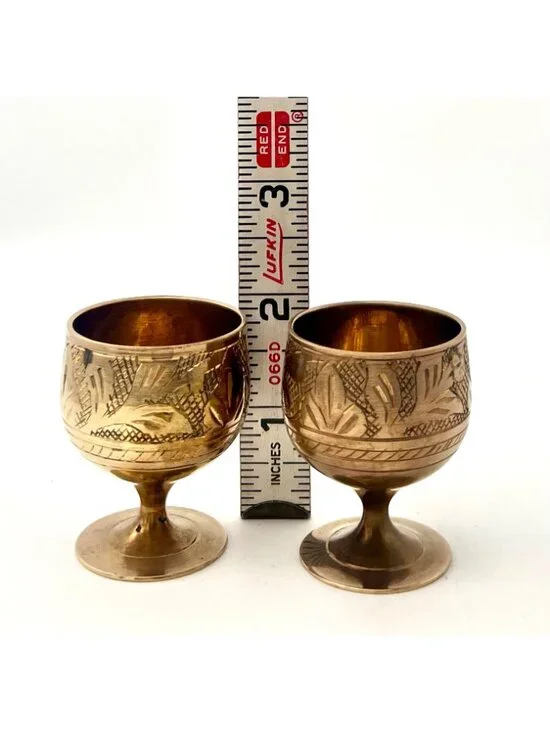Set Of 2 Vintage Mini Brass Goblets Etched Floral Design Ornate Chalice 2" Tall - Picture 4 of 6
